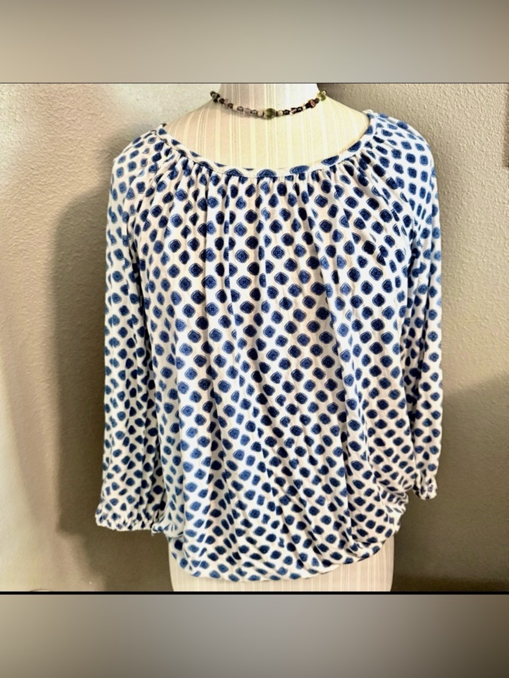 Michael Kors Blue & White Geometric Blouson Peasant Top - XS